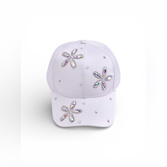 White Cap with Rhinestone Floral Design - Picture 3 of 3